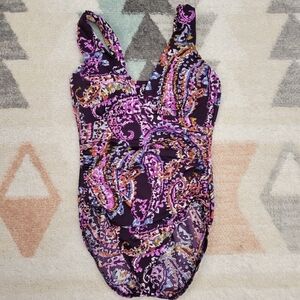 Lands’ End Ruched Paisley 1 Piece Slimming Swimsuit Purple 8